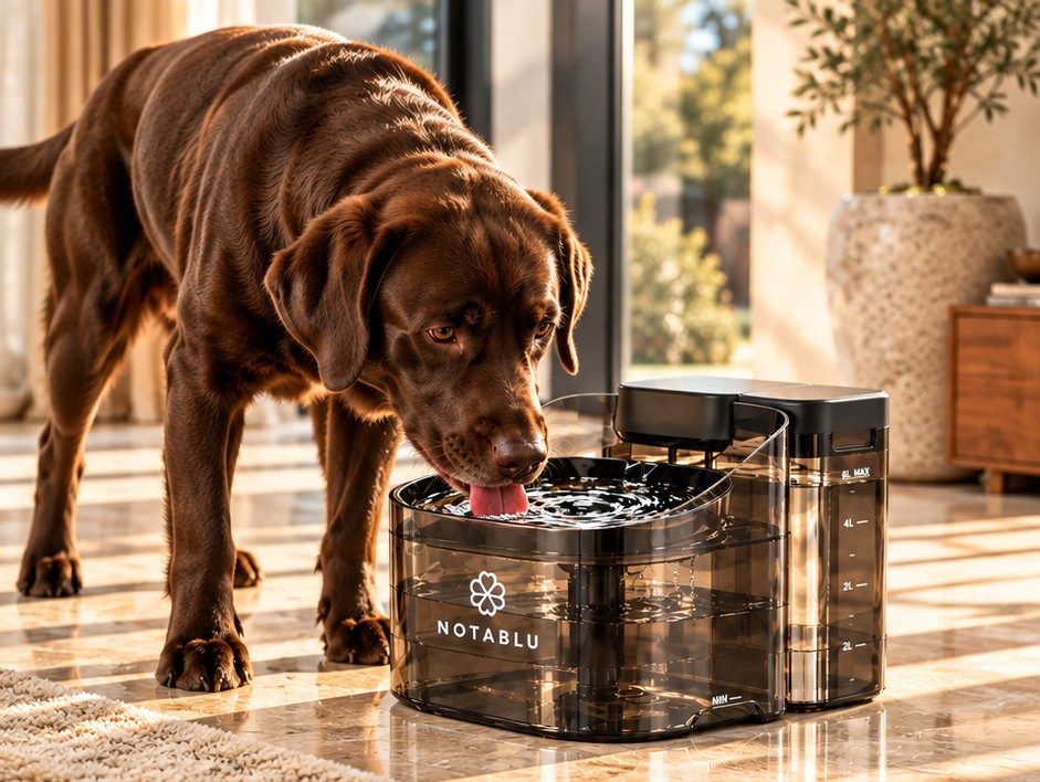 Chocolate Labrador drinking from the NOTABLU fountain in a sunlit home