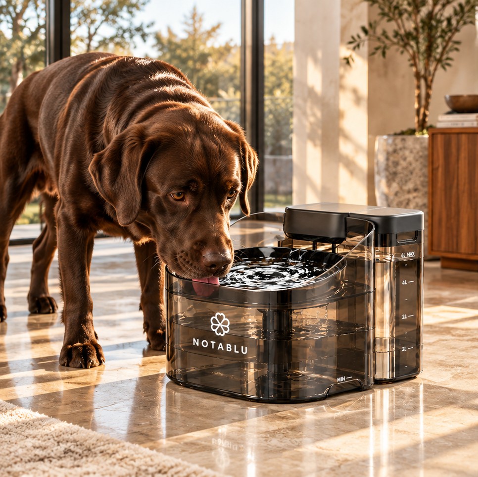 Chocolate Labrador drinking from the NOTABLU fountain in a sunlit home