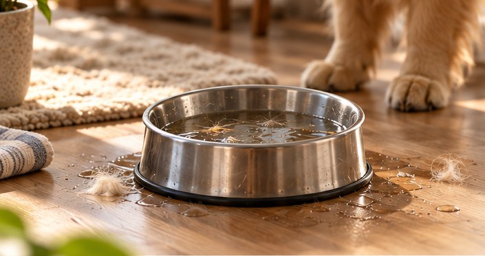 Ordinary steel water bowl with fur and splashes on the floor