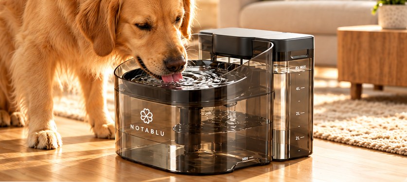 Golden retriever drinking from the NOTABLU water fountain