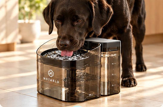 Black Labrador drinking from the NOTABLU fountain